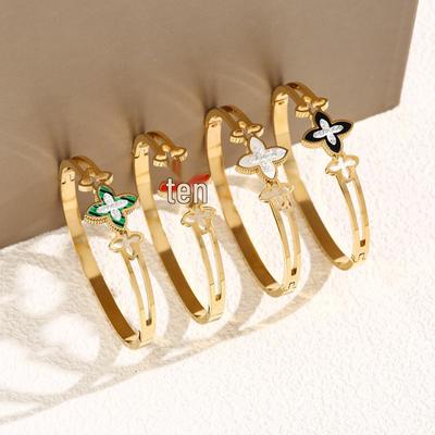 Bracciale Quadrifoglio in Acciaio al Titanio con Diamanti - Amuleto Portafortuna alla Moda per Donne
