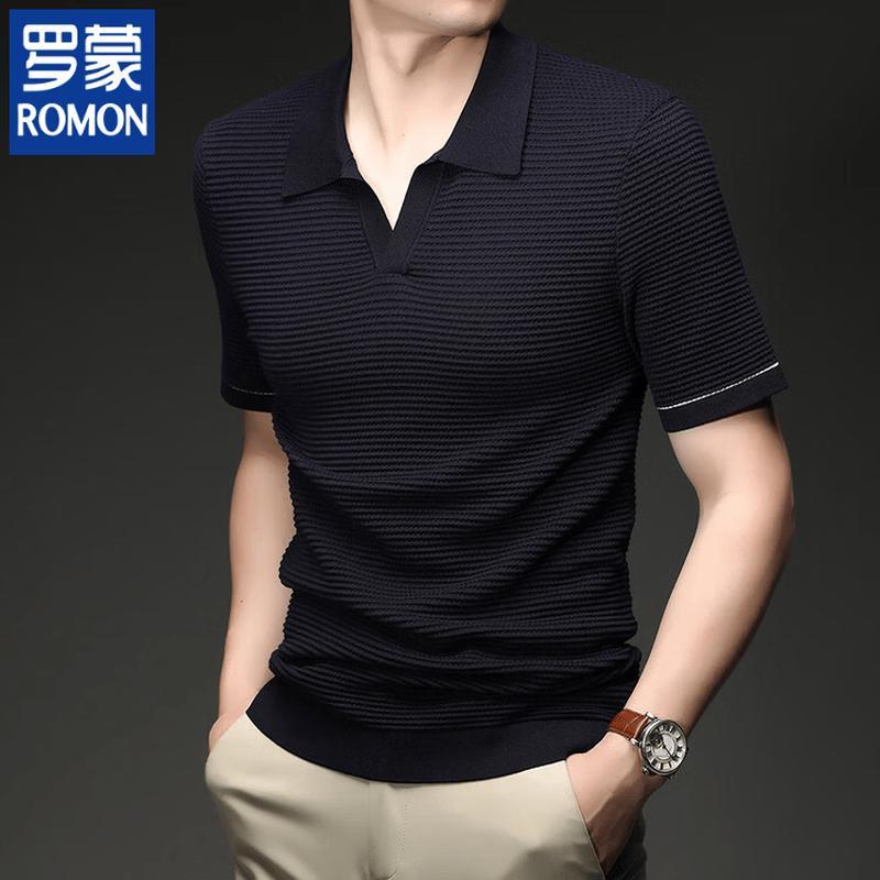 Romon Men s Seagull Collar Knitted Short-Sleeve T-Shirt 3XL