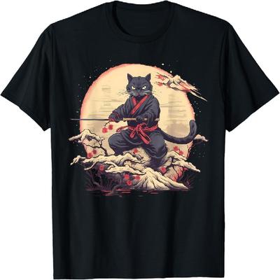 Japanese Art Cat Ninja Ukiyo-e Anime Samurai Cat T-Shirt T-Shirt for Men Women Kids