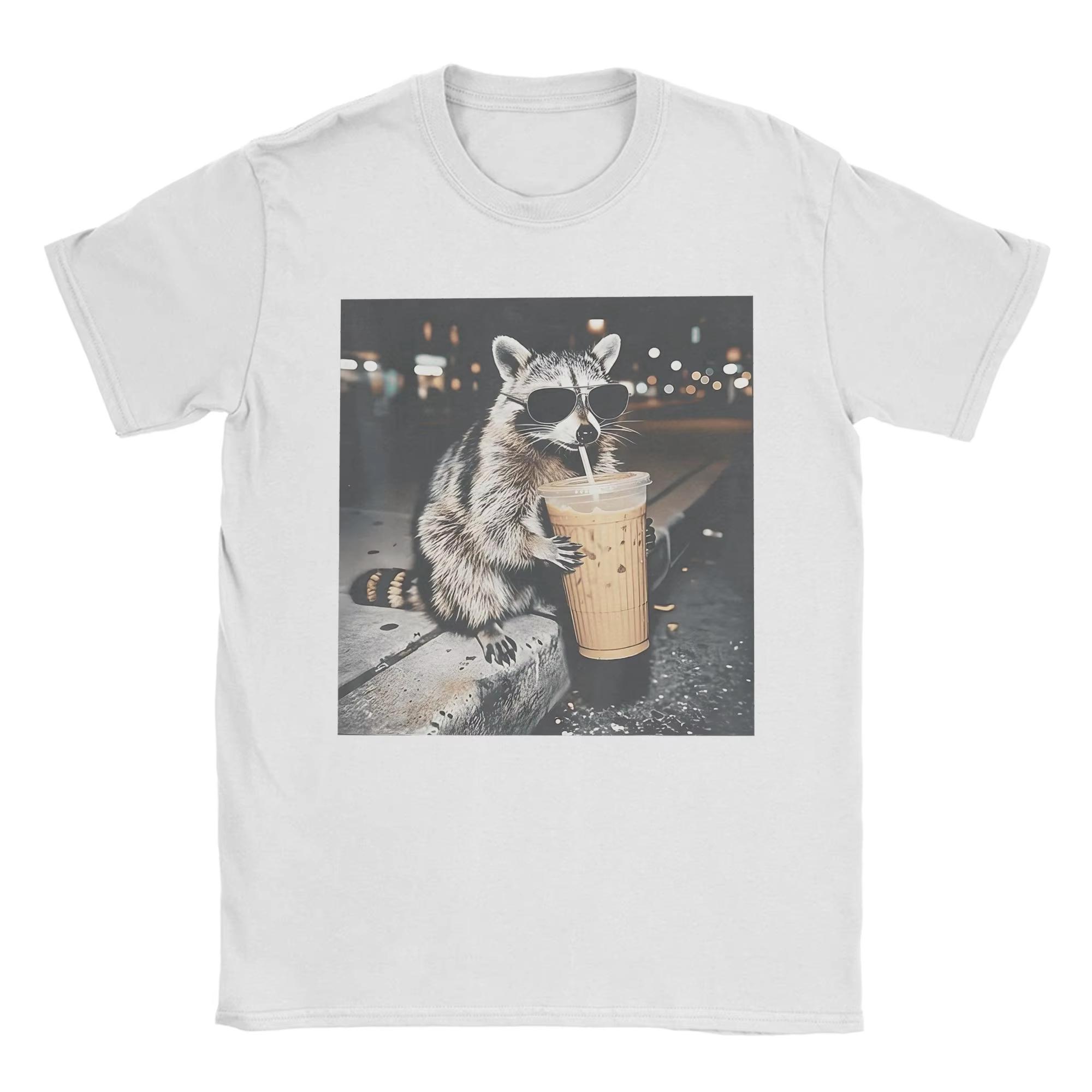 

Raccoon Drinking Iced Coffee Funny Animal Meme Cotton T Shirt for Men Summer Street Style TShirts Size Cheap Tops M