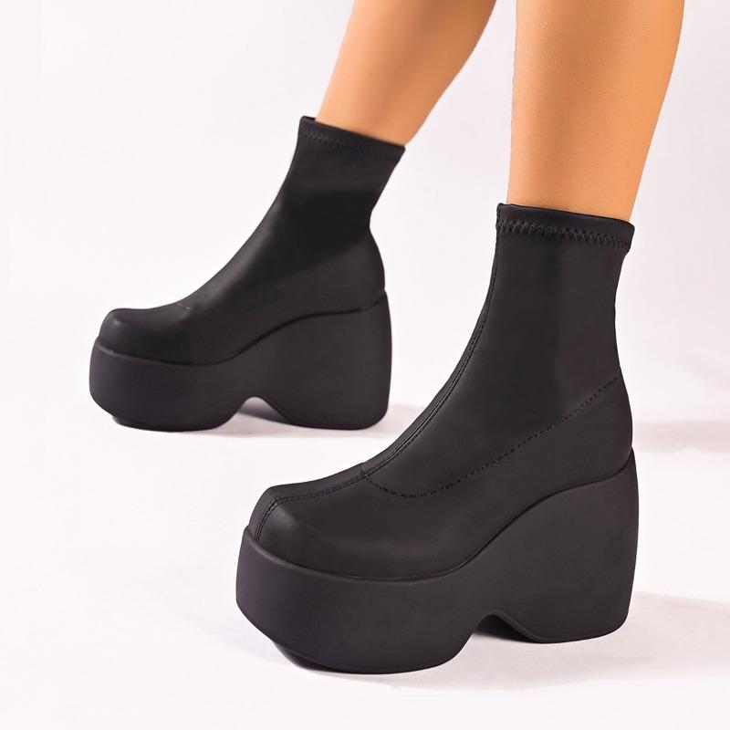 Women's Wide Width Platform Boots, Stretch Slim Ankle Boots, Chunky Heel Waterproof Fashion Booties