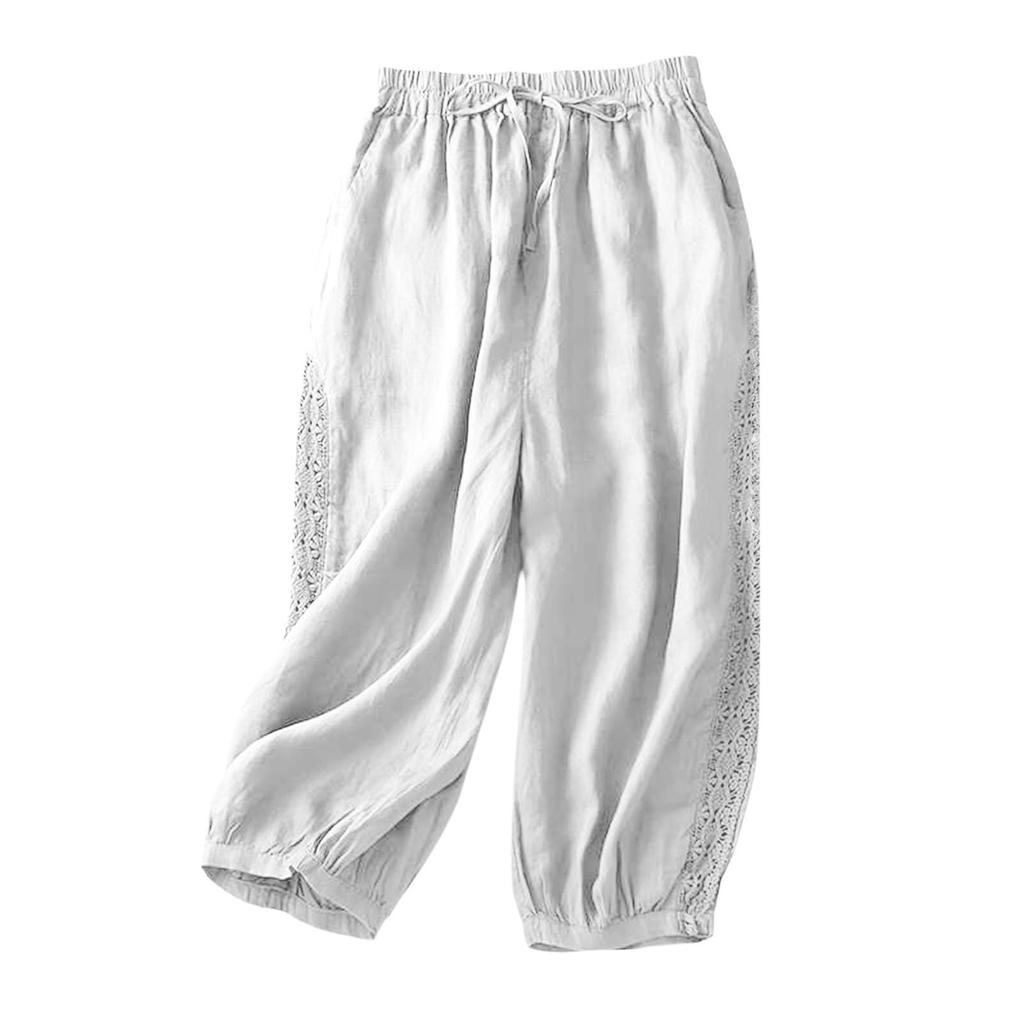 Damen Baggy Baumwoll-Leinenhose Elastischer Bund Lässig Locker Sommer Strandurlaub Hose