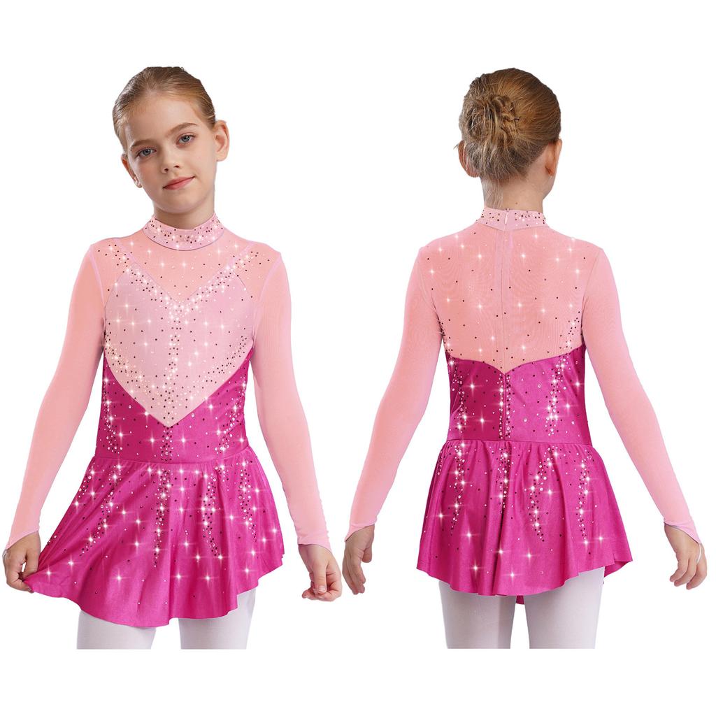Kinder Mädchen Eiskunstlauf Tanzkleider Stehkragen Langarm Colorblock Sheer Mesh Patchwork Glänzende Strasssteine Kleid