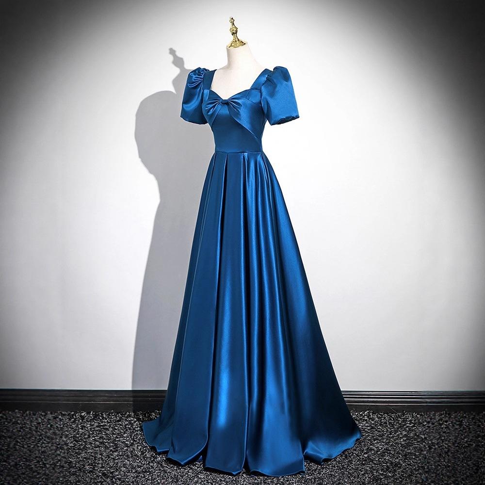 Blue evening dress skirt, femininity, French light luxury, high-end sense, host, bel canto solo art test, chorus performance suit