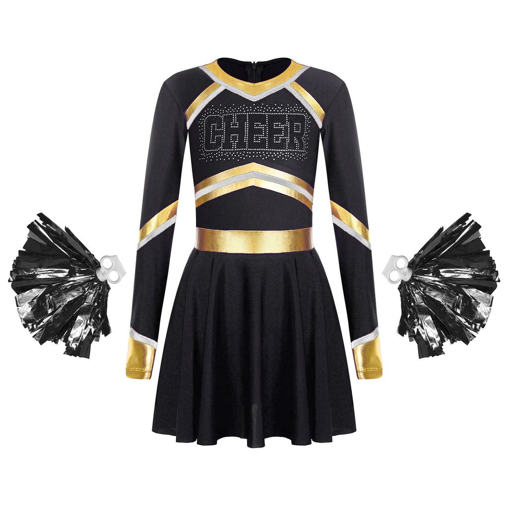 Girls Long Sleeve Cheerleading Costume Sparkly Rhinestones Letter Design Metallic Dress Hand Flowers Set
