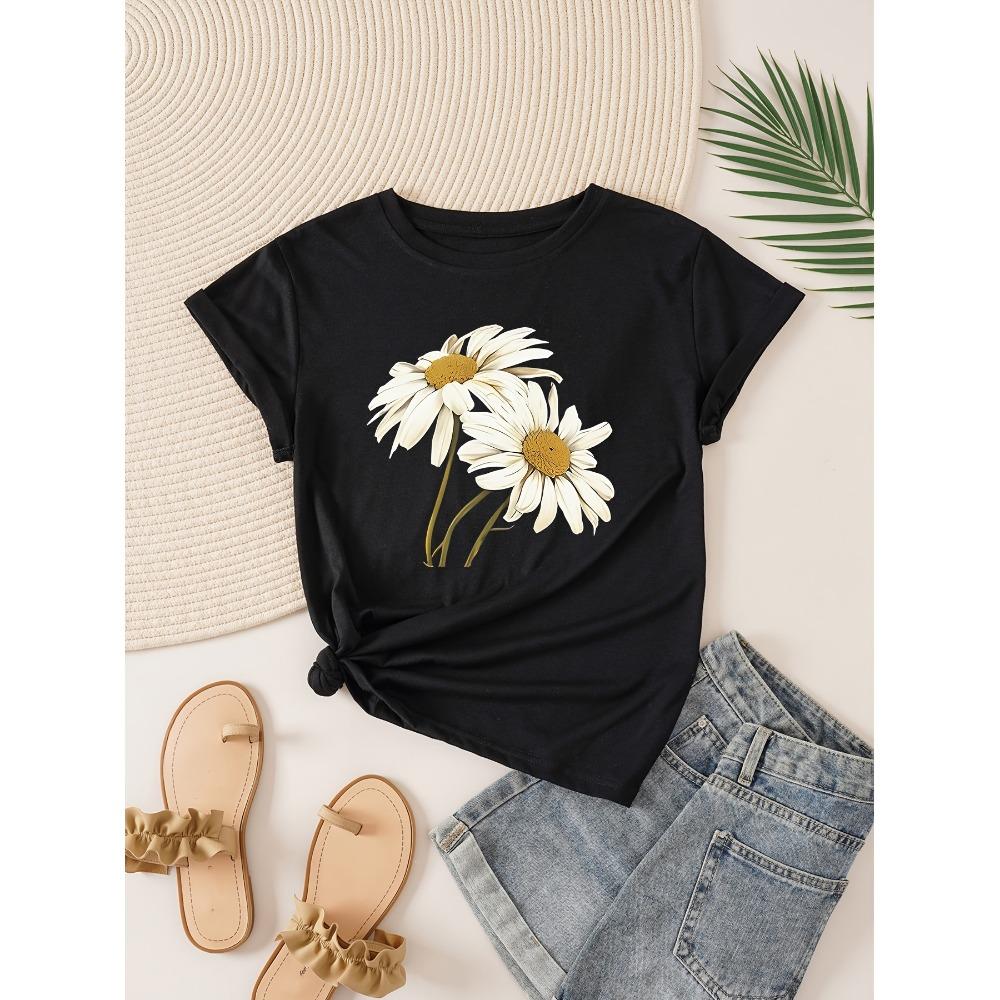 Women Cotton Short Sleeves T-shirts Daisy Floral Women's Tee Boho Botanical Graphic Casual Summer Top