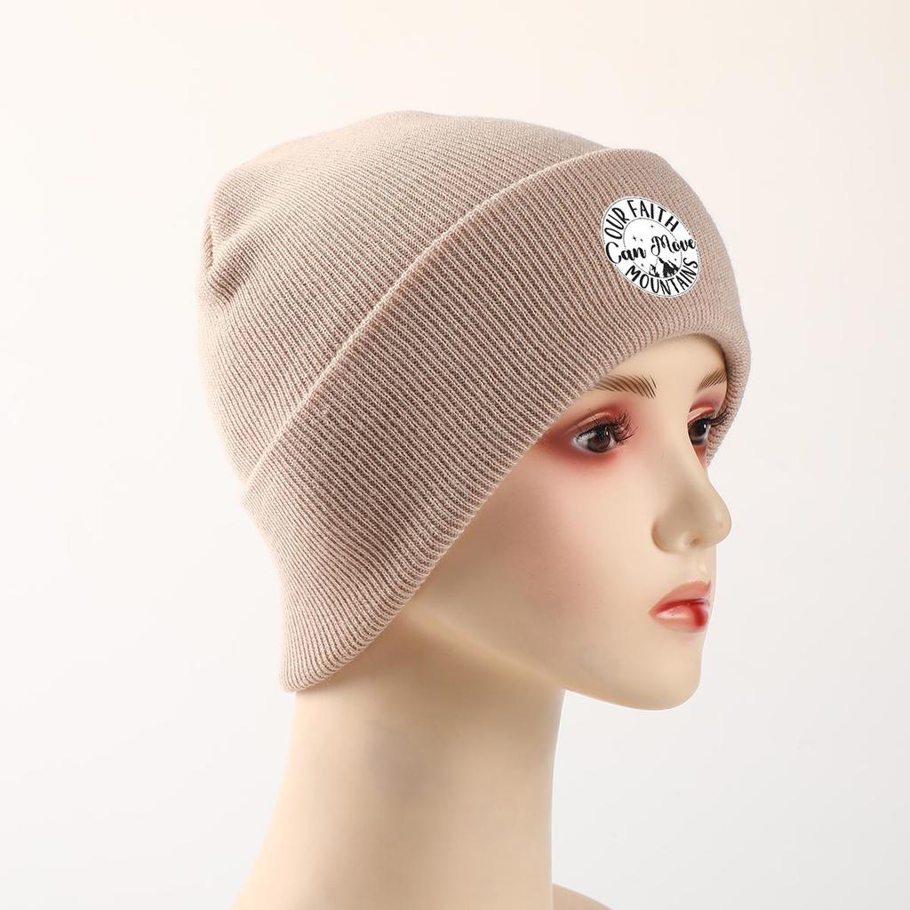FAITH MOVE MOUNTAINS" Print Knitted Hat Beanie, Text Skullies Beanies Fit Thermal Headwear Pompom Beanies Knit Cap Beanie