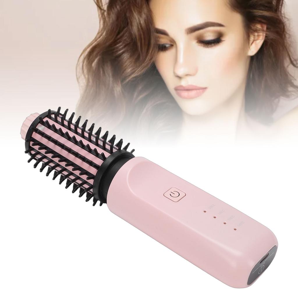Cordless Hair Curling Iron Brush Portable Anti Scald Heated Round Thermal Brush for All Hair Type Pink