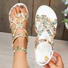 Böhmischer Stil Geflochtener Riemen Flache Sandalen für Damen Bedruckte Überkreuzband Römersandalen Frau Sommer Zehensteg Strand Sandalias Mujer