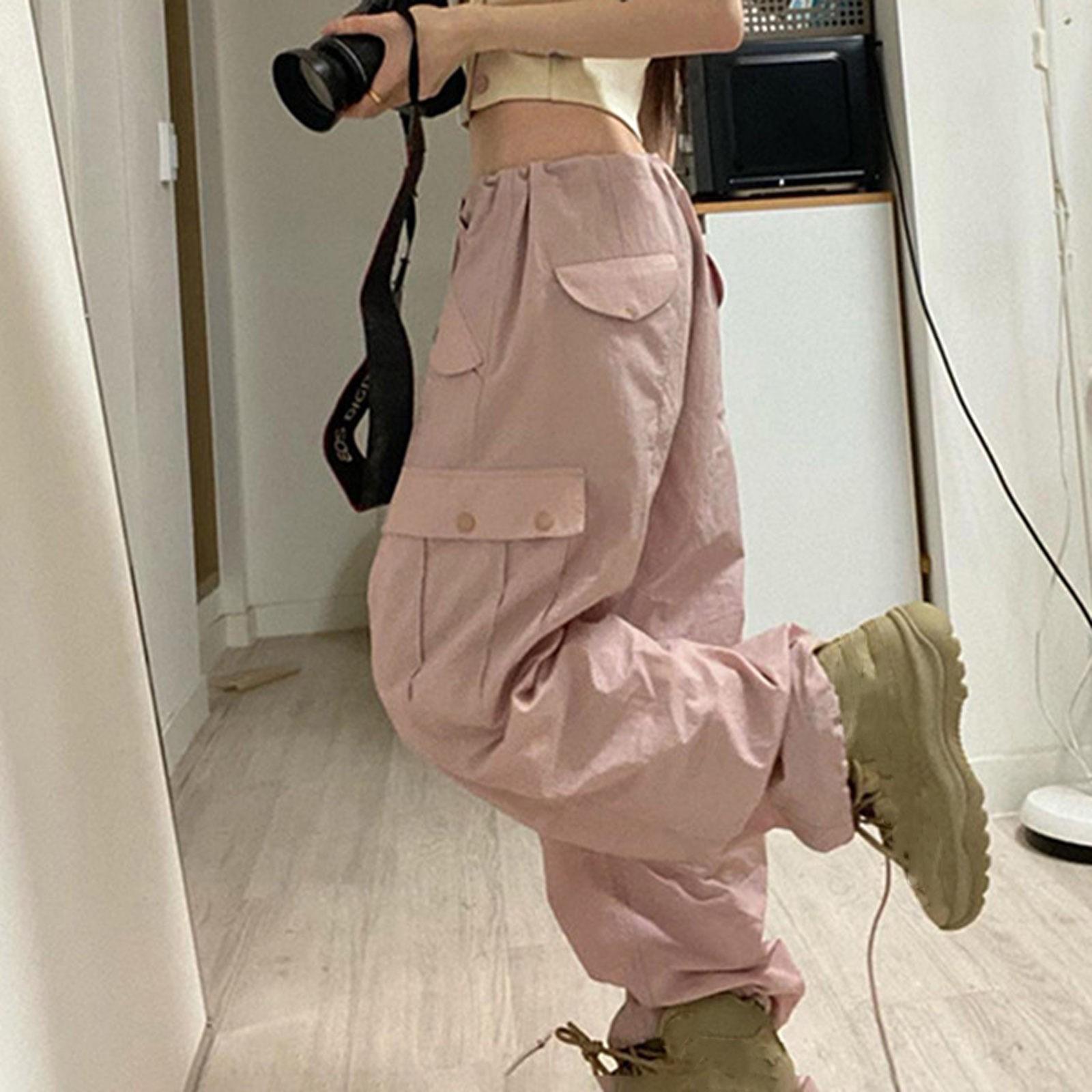 

Женские однотонные спортивные брюки-карго в стиле хип-хоп, повседневные широкие брюки на молнии на шнуровке с карманами M розовый