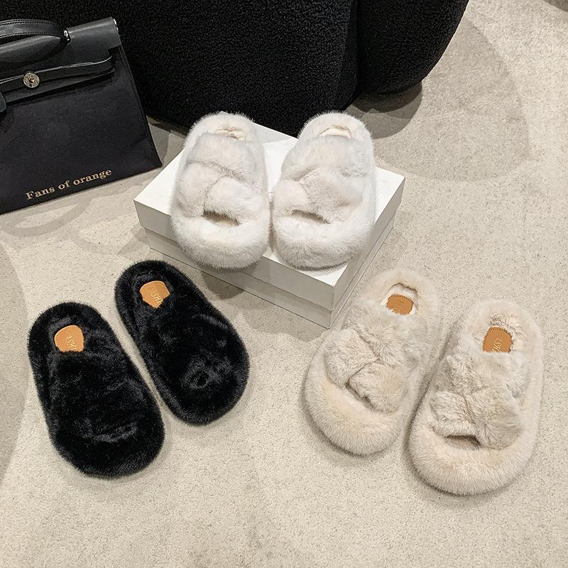 Internet celebrity open-toed fluffy slippers women's autumn and winter new thick-soled non-slip one-word cross-strap cotton slippers