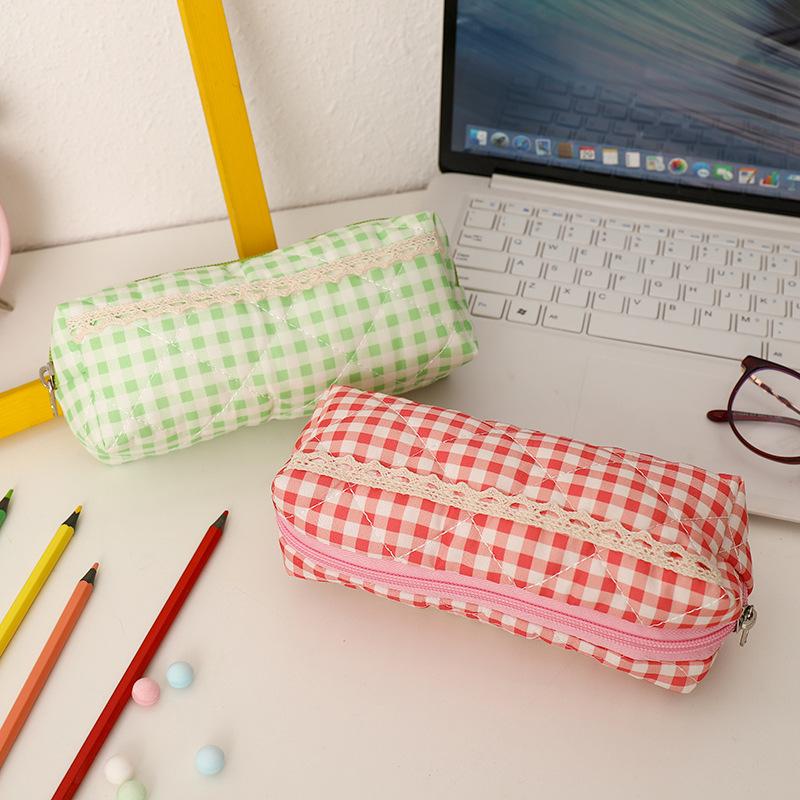 Large Capacity Pen Bag Sweet Plaid Lace Pencil Case Portable Student Stationery Storage Bag Girly Cosmetic Bag Gifts