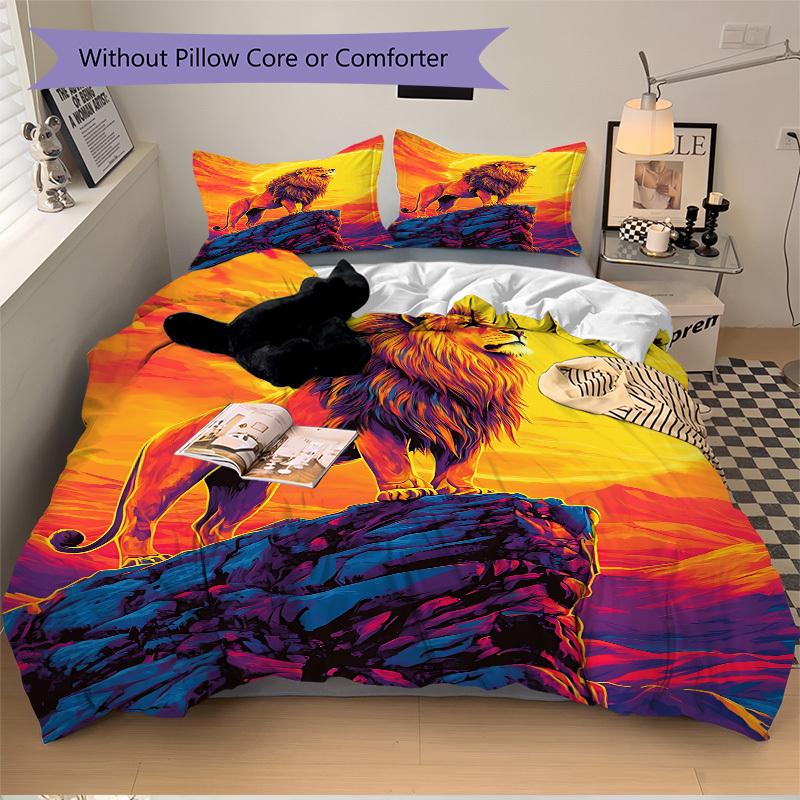 3pcs Lion, Sunset Duvet Cover Set, Soft Comfortable Duvet Cover,Guest Room (1*Duvet Cover + 2*Pillowcase, Without Core) Yy251104188
