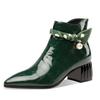 Modne damskie botki do kostki ze skóry lakierowanej FHC, krótkie botki z wytłaczanym kwiatowym wzorem, perłowe buty zimowe, zapinane z boku na zamek, szpiczasty nosek, zielone, czarne, dropshipping