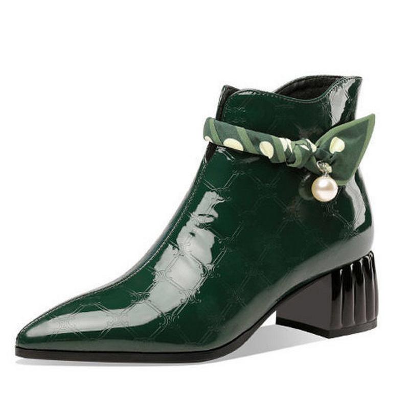 Mode FHC Lackleder Damen Stiefeletten, Geprägte Blume Kurze Botas, Perlen Winterschuhe, Seitlicher Reißverschluss, Spitze Zehenpartie, Grün, Schwarz, Dropship