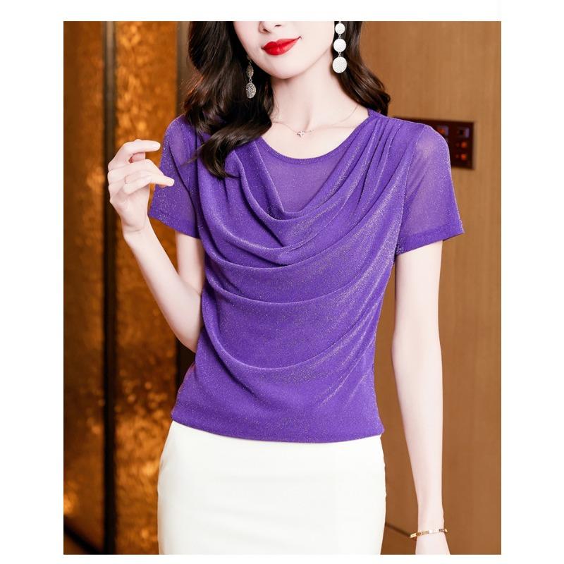 Summer New Fashion Versatile Swing Collar Bright Silk Short-sleeved Mesh Slim Fit T-shirt for Women