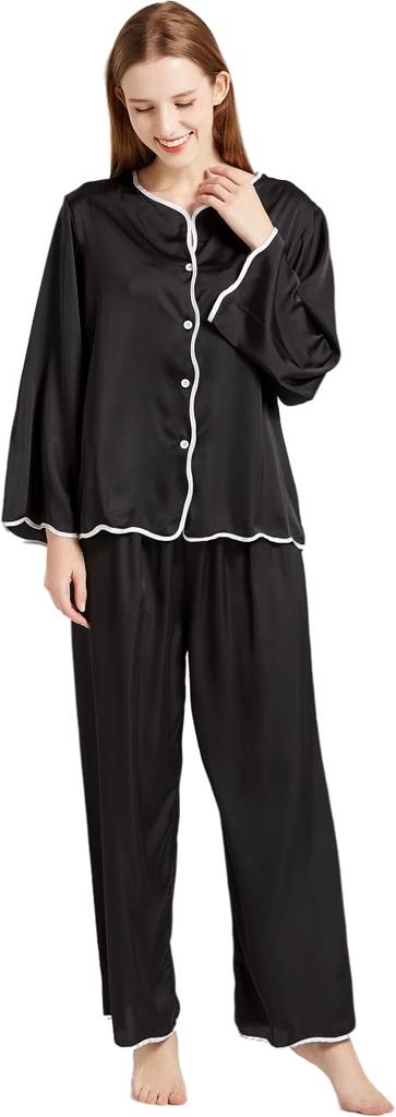 KUMASEN Silk Satin Pajama Long Open Size L Women's 100% Set, Loungewear, Sleeves, Skin-Friendly, Front, Black,