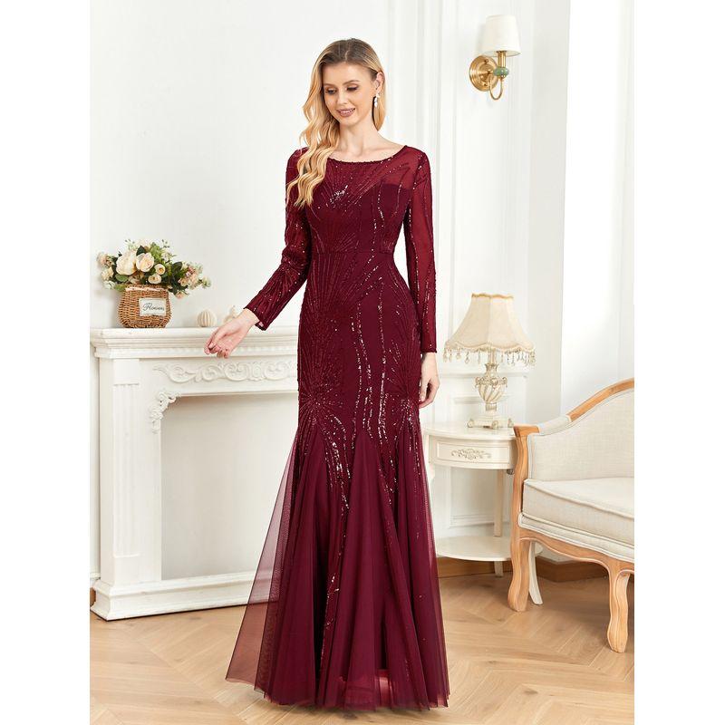 Elegant Long Sleeves Sequin Tulle Evening Dress Wedding Burgundy XL