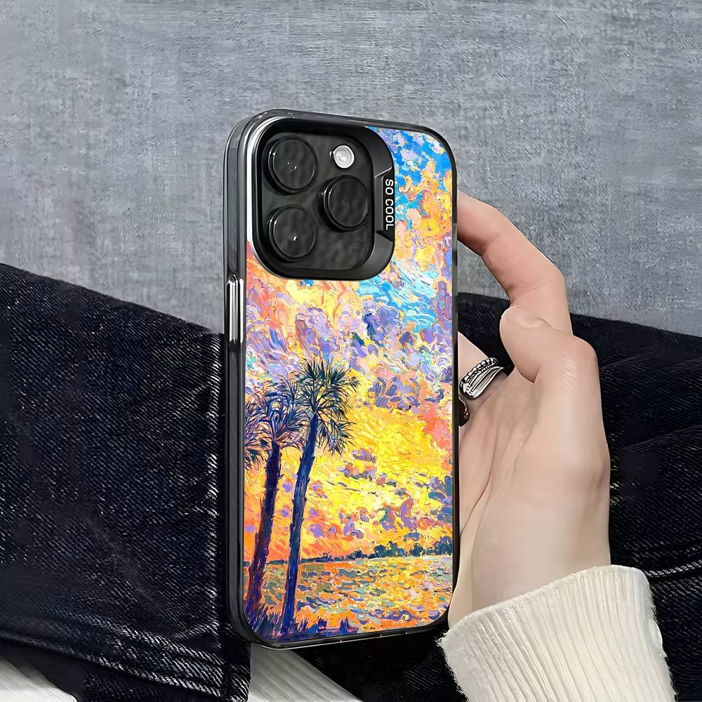 Bunte Ölgemälde Landschaft Handyhülle Für iPhone 16 15 14 13 12 11 Pro Max Grau Schwarz Handyhüllen Matt Laser Metallisch Aurora Funda