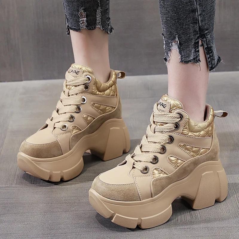 Fashion 8cm Genuine Lesther Pig Suede Down Cloth Ankle Boots Platform Wedge Women Casual Autumn Winter Hidden Heel Sneakers Shoes
