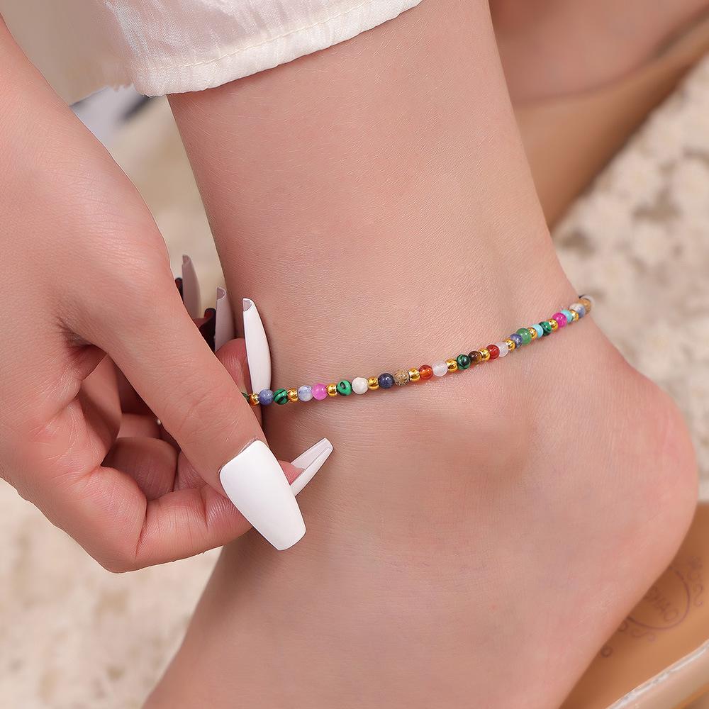 Korean-Japanese Handmade Colored Stone Beaded Anklet with 18k Gold-Plated Titanium Chain for Women
