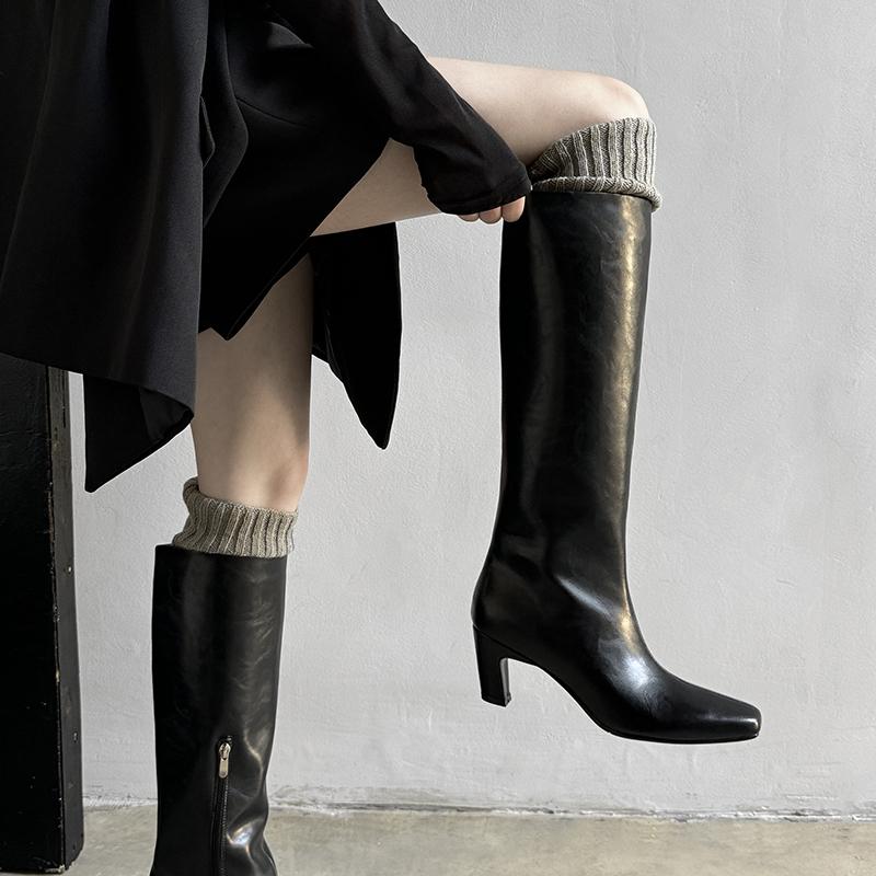 Fashion 2025 New Square Toe Women Boots High Heels Knee-high Boots Split Leather Fashion Party Ladies Shoes Female Women Boots