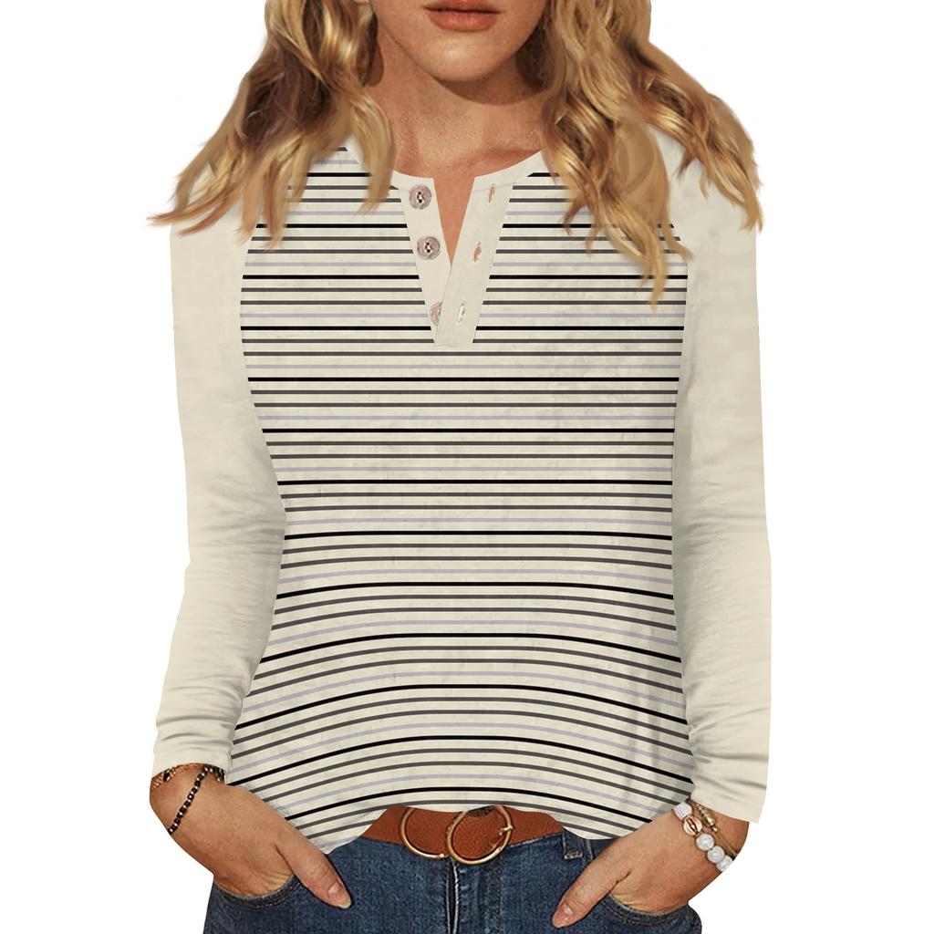 Dámské tričko s potiskem, knoflíky, dlouhý rukáv, denní, víkendová móda, základní, výstřih do V, běžný top