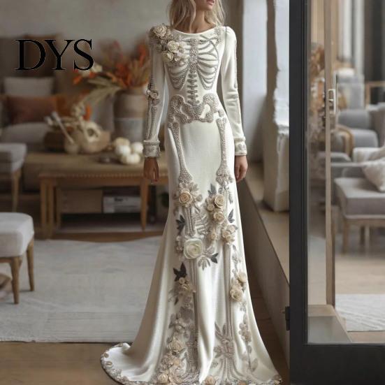 Floor Length Dress Women Skeleton Print Maxi Dress, Gothic Long Sleeve with Evening 3D Flower Decor, Velvet Floral for Halloween Costume Party