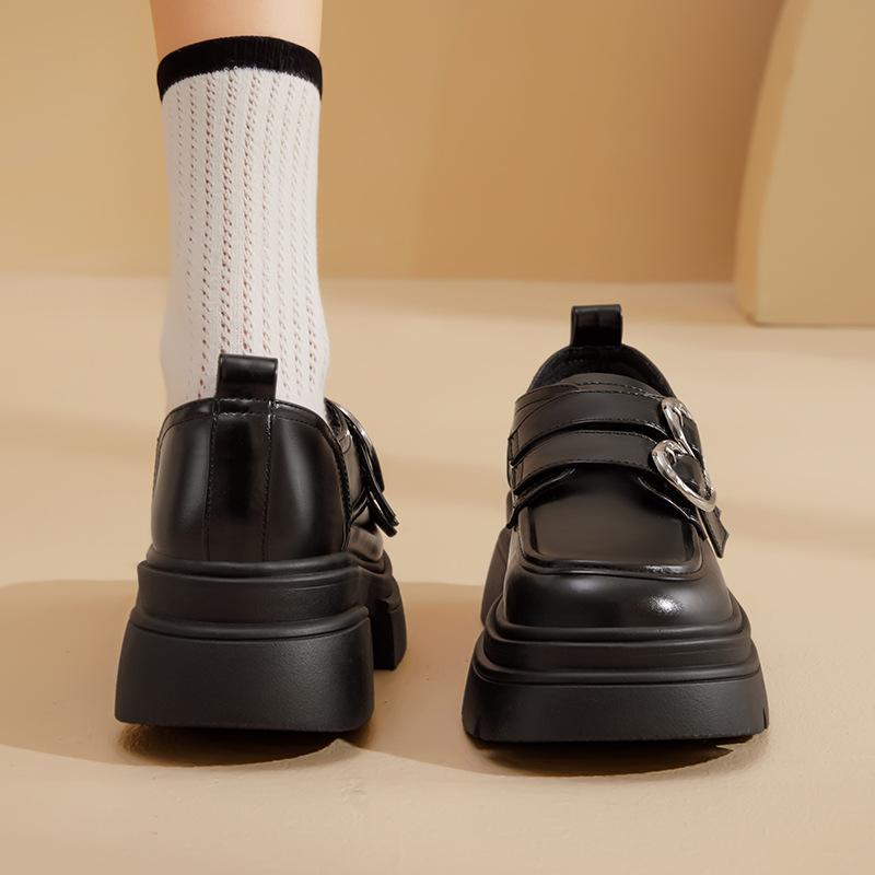Augustine muffin small leather shoes women's platform 2025 new spring black loafers retro British style single shoes