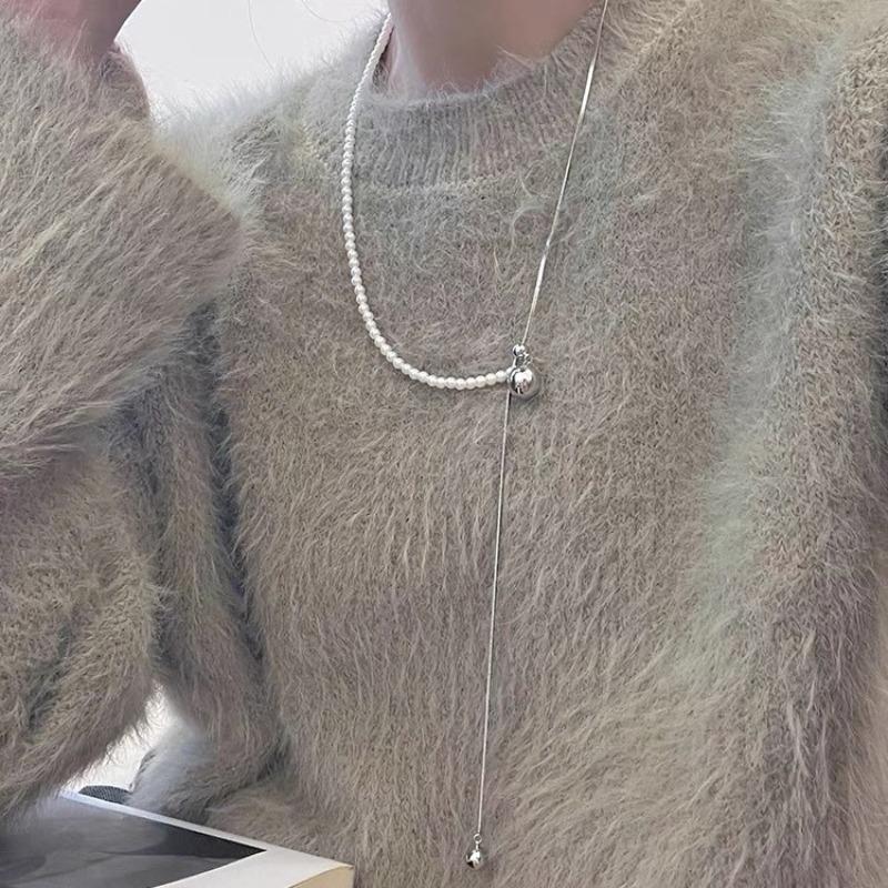 Long Winter-spring Style Adjustable Pearl Ball Sweater Necklace with Delicate Snake Bone Chain