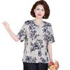 LANGSHA Mid-Aged Women's Floral Cotton Linen Short Sleeve Top