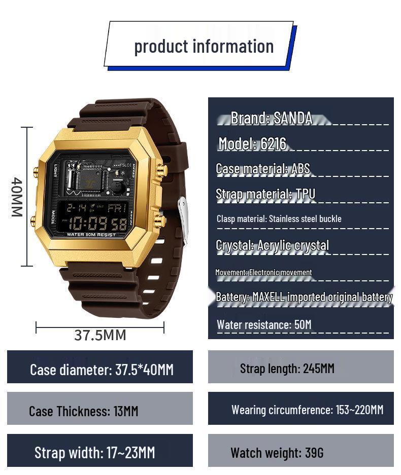 Sanda Luminous Waterproof Teen Alarm Watch - Square Electronic Sports Countdown Timer