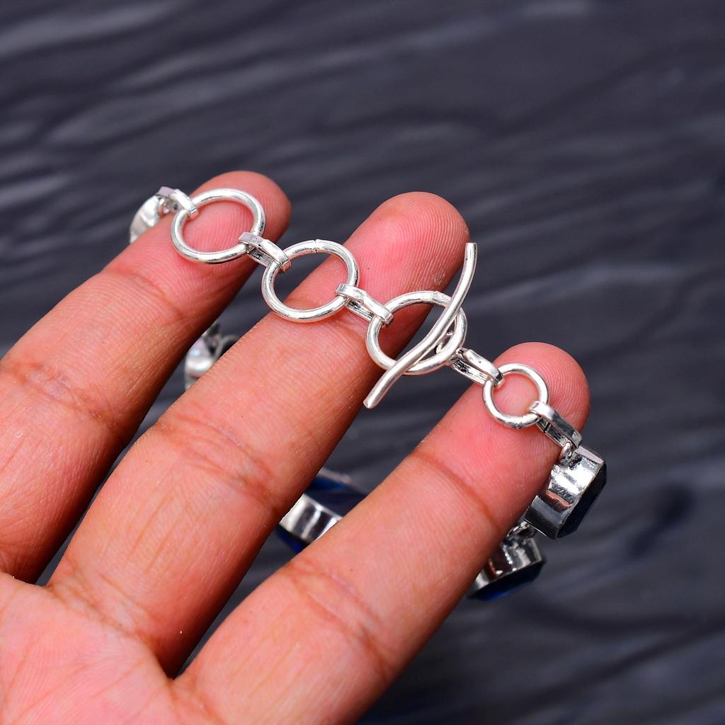Blue Sapphire Gemstone : 925 Sterling Silver Handmade Multi Gemstone Bracelet Jewelry