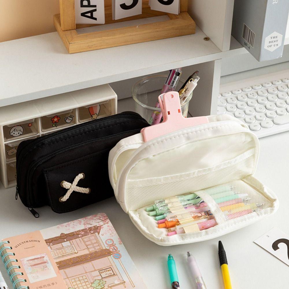 Large Capacity Pencil Case with Cross Rope Oxford Fabric Pencil Pouch Kawaii Pencil Bag Student