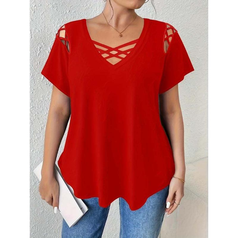 V-neck Short Sleeved Cross Strap T-shirt Large Size Summer Casual Fashion Hollow Out Blouse Solid Color Women Sweet Simple Office Shirts Clothing