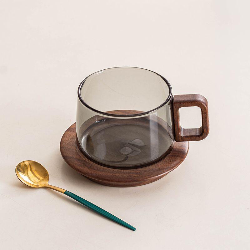 Japanese Transparent Glass and Wooden Coffee Cup and Saucer Afternoon Tea Dessert Tea Cup Large Capacity Office Tea Cup Decor