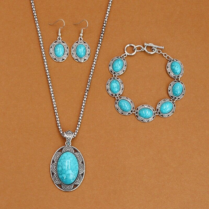 European and American Bohemian Turquoise Female Earrings Holiday Necklace 13-Lace Oval (Sky Blue)