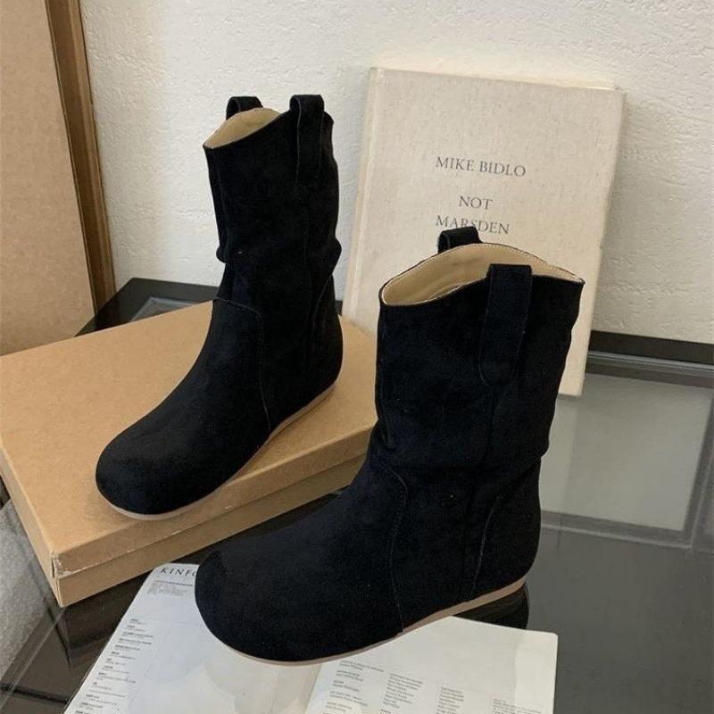

Retro three-color flat-bottomed boots autumn and winter new pleated stacking boots women s boots fashion suede fashion boots 35 чёрный