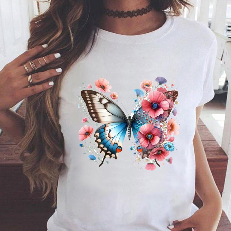 

(Азиатский размер) Графическая футболка стиль бабочка цветок Женская Повседневная Мода Футболка Одежда Женский Топ Принт Футболки с коротким рукавом S