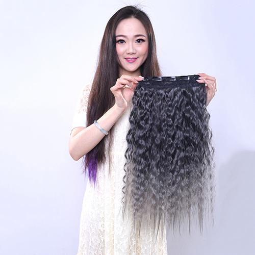 Sexig Lång Gradient Färg Fest Kvinnor Vågigt Lockigt Clip-in Hårförlängning 60cm