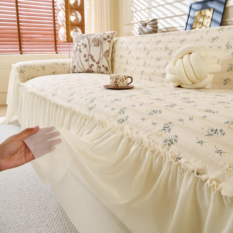 Polyester Linen Sofa Cover Ruffled Edge Creamy Style Floral Pattern Anti-Slip Cooling Couch Cushion Mats