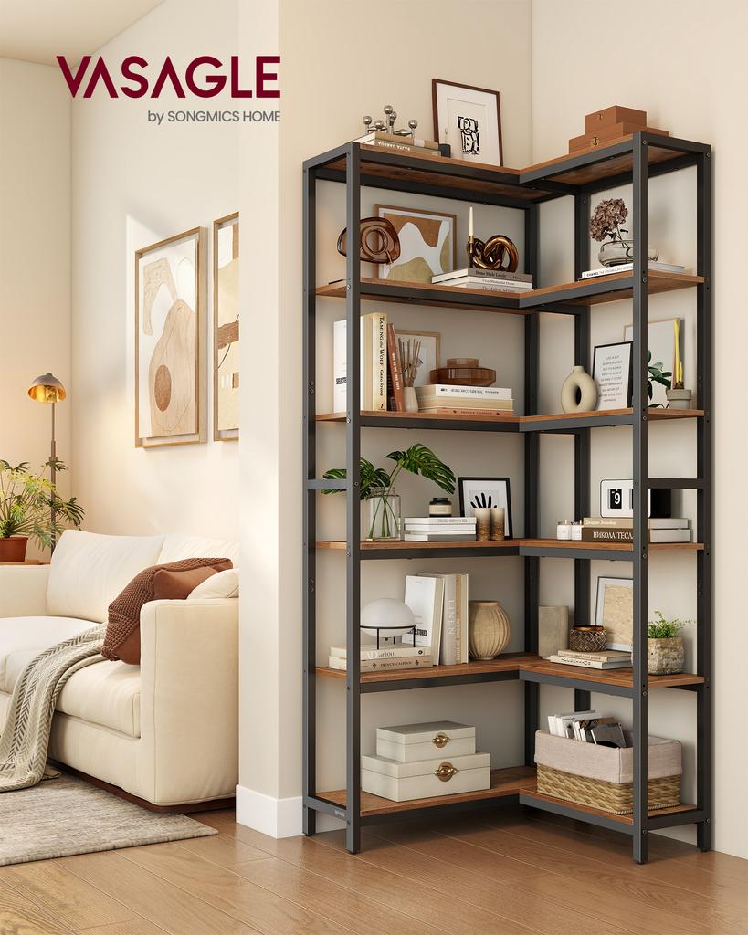 VASAGLE 6 Tier Bookshelf, Convertible Corner Shelf, 9.4 x 40.2 x 69 Inches