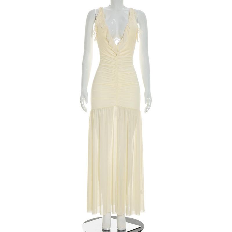 European and American women's clothing summer new solid color casual sleeveless suspender mesh splicing design long dress