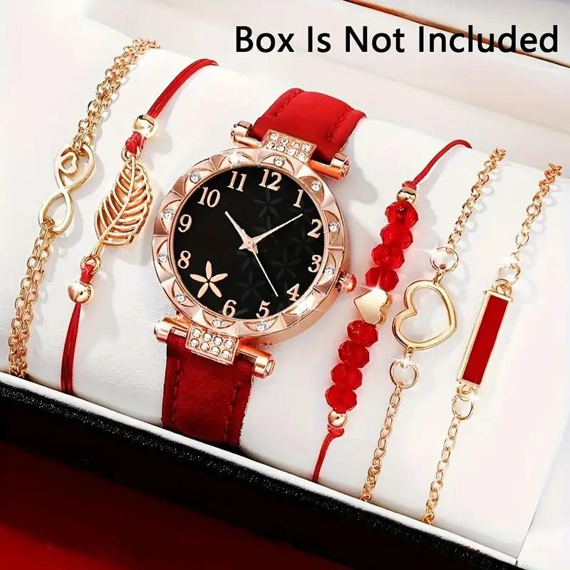 Ladies Diamond Dial Belt Quartz Watch Beaded Bracelet Set 6pcs/set