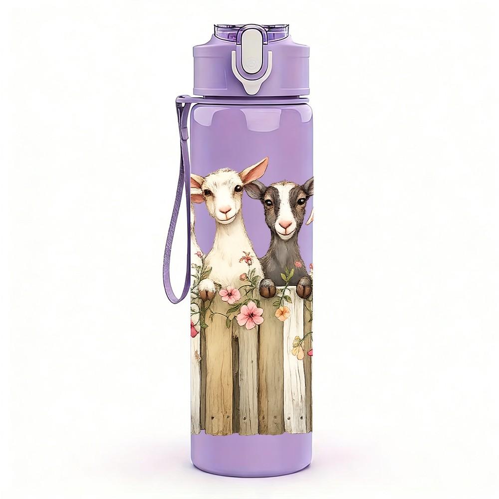 1PC Wooden Fence Floral Bouquet Print 750ml Color Plastic Sports Water Bottle Leakproof Flip Straw Lid Suitable for Sports Office Home Use