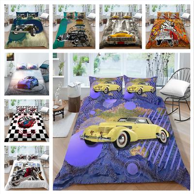 Parure de lit avec impression de voiture 3D, lit simple, double, pleine taille, motif de voiture vintage, taie d'oreiller et housse de couette, lavable et confortable, décoration de la maison