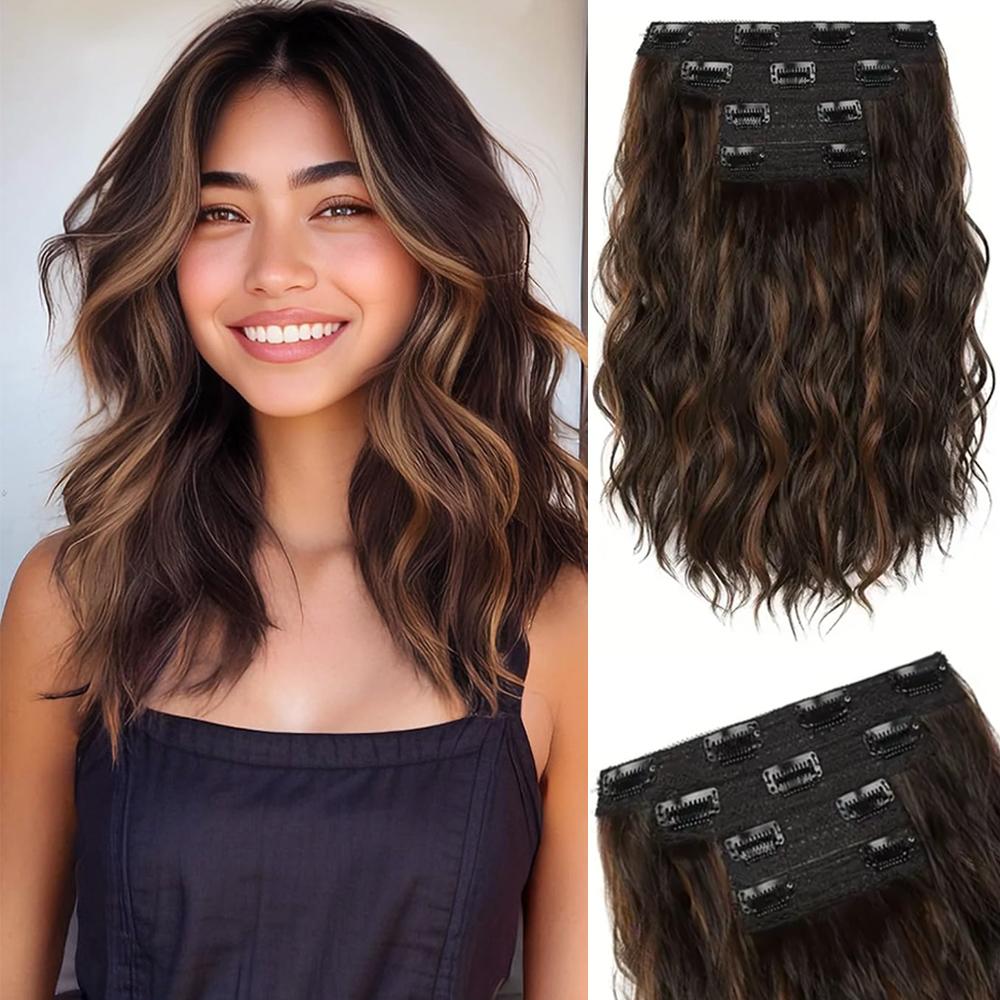 Synthetic Clip In Hair Extensions Short Wavy Brown Hair Extensions Invisible Lace Weft Natural Hairpieces For Women Wear