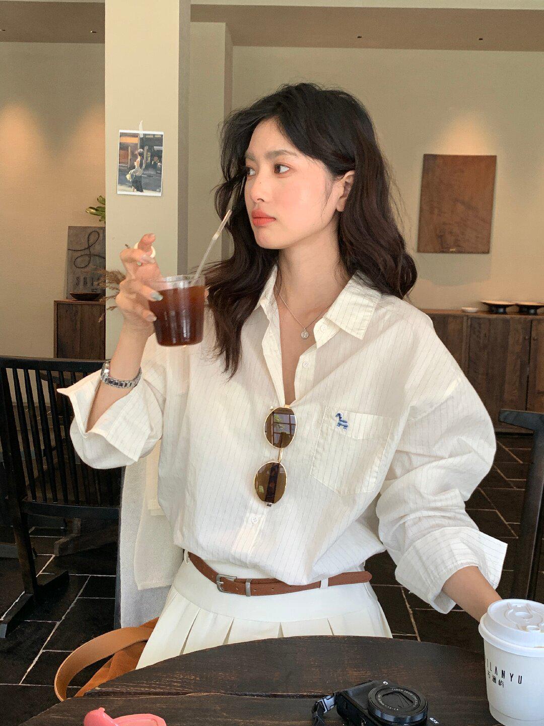 Lemon Green Tea Temperament Embroidered Little Horse Sun Protection Women s Loose Long Sleeve Lapel Top - Spring 2026 One Size абрикосовый