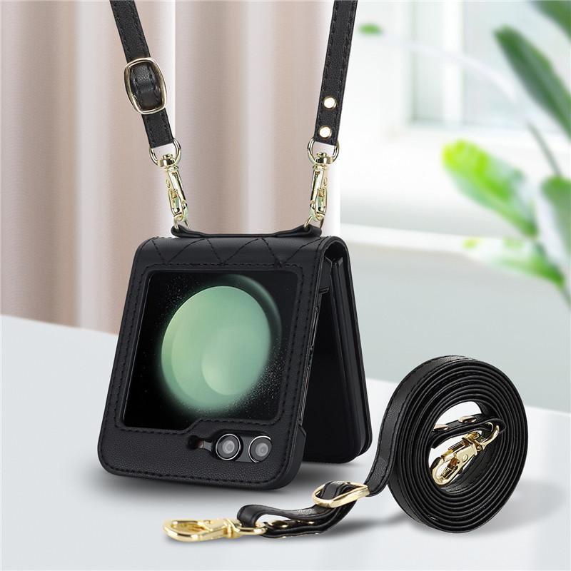 Kožené pouzdro na telefon Long Lanyard Crossbody pro Samsung Galzxy Z Flip 5 4 3 Flip5 Flip4 Flip3 Luxusní obal na lano na zápěstí Hoesje Coque