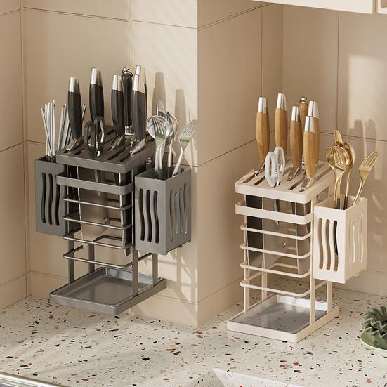 Kitchen Tabletop Storage Rack Knife Holder Large Capacity Multipurpose Waterproof Hollow Storage Rack Kitchen Utensil Organizer